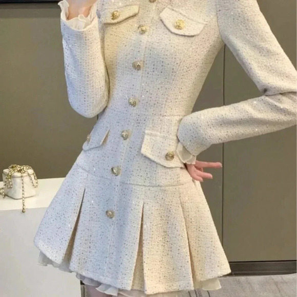 Apricot Elegant Women's Sequin Tweed Pleated Single Breasted Mini Dress - Picture 3 of 7